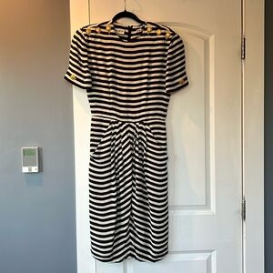 Vintage Albert Nipon Silk Striped Pleated Midi Dress 80s Coastal